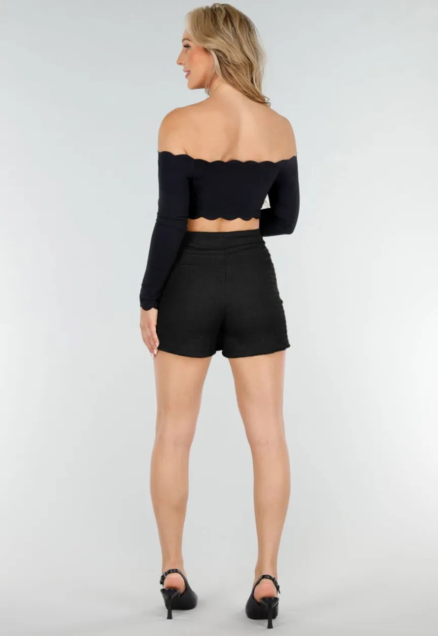 Zwarte Stretch Skort met Striksluiting en Licht Structuurmateriaal