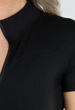 Zwarte Stretch Sport Playsuit met Ritssluiting en Korte Mouwen