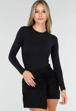 Zwarte Stretch String Bodysuit met Lange Mouwen en Hoge Halslijn