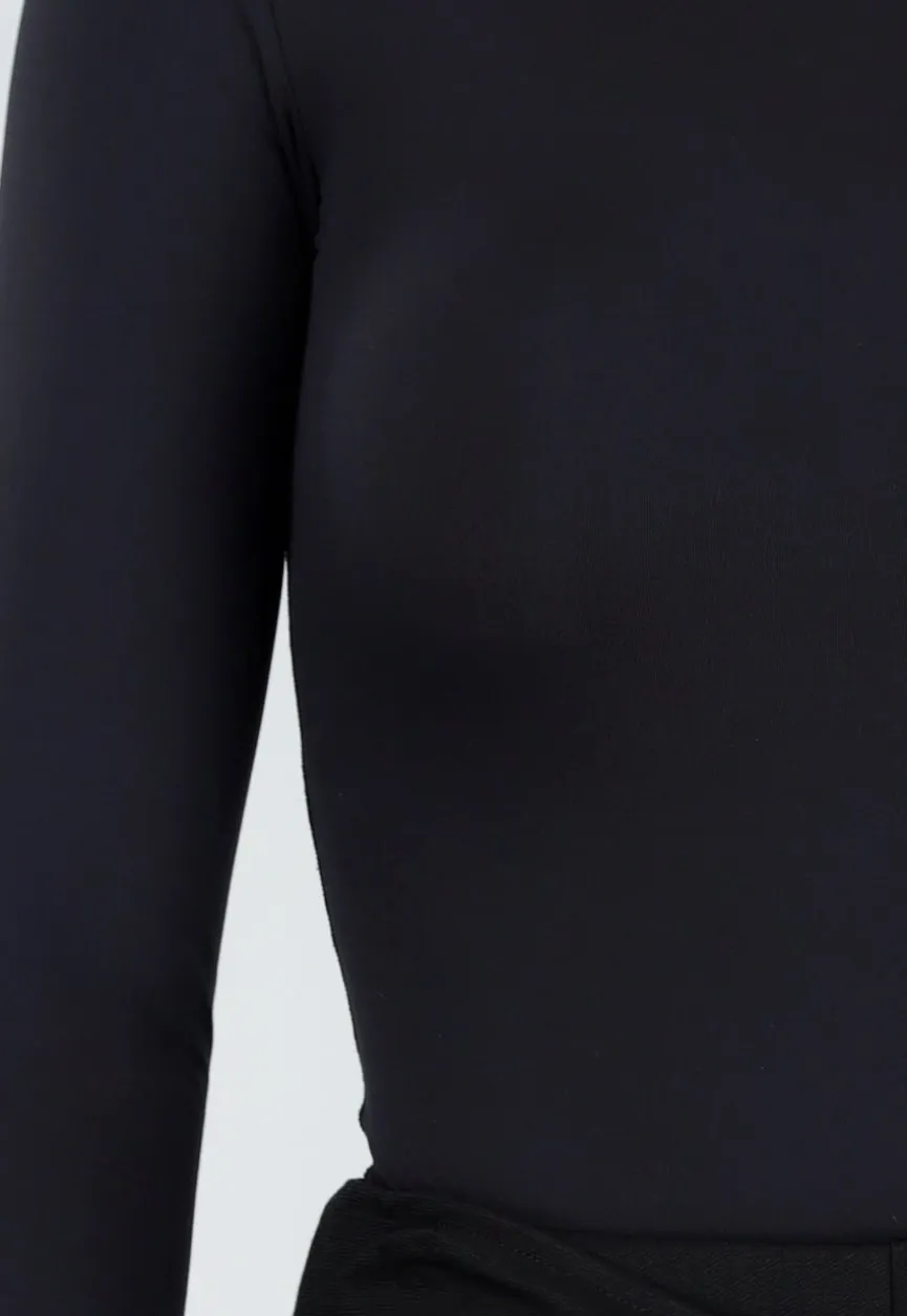 Zwarte Stretch String Bodysuit met Lange Mouwen en Hoge Halslijn