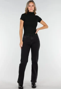 Zwarte Stretch Top met Col en Korte Mouwen