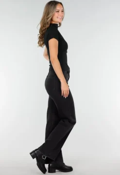 Zwarte Stretch Top met Col en Korte Mouwen