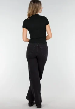 Zwarte Stretch Top met Col en Korte Mouwen
