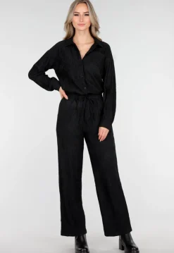 Zwarte Stretch Two Piece Set met Losvallende Blouse en Rechte Broek
