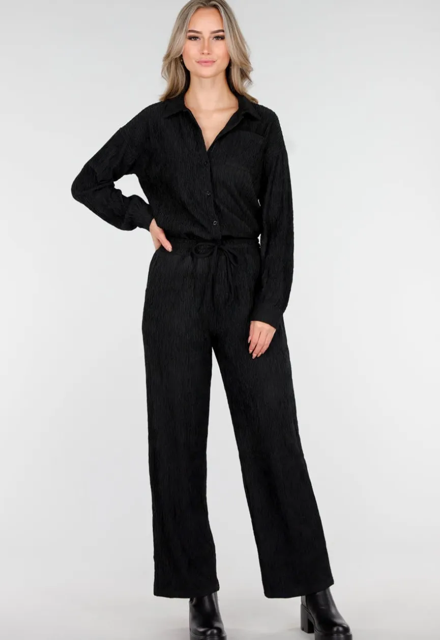 Zwarte Stretch Two Piece Set met Losvallende Blouse en Rechte Broek