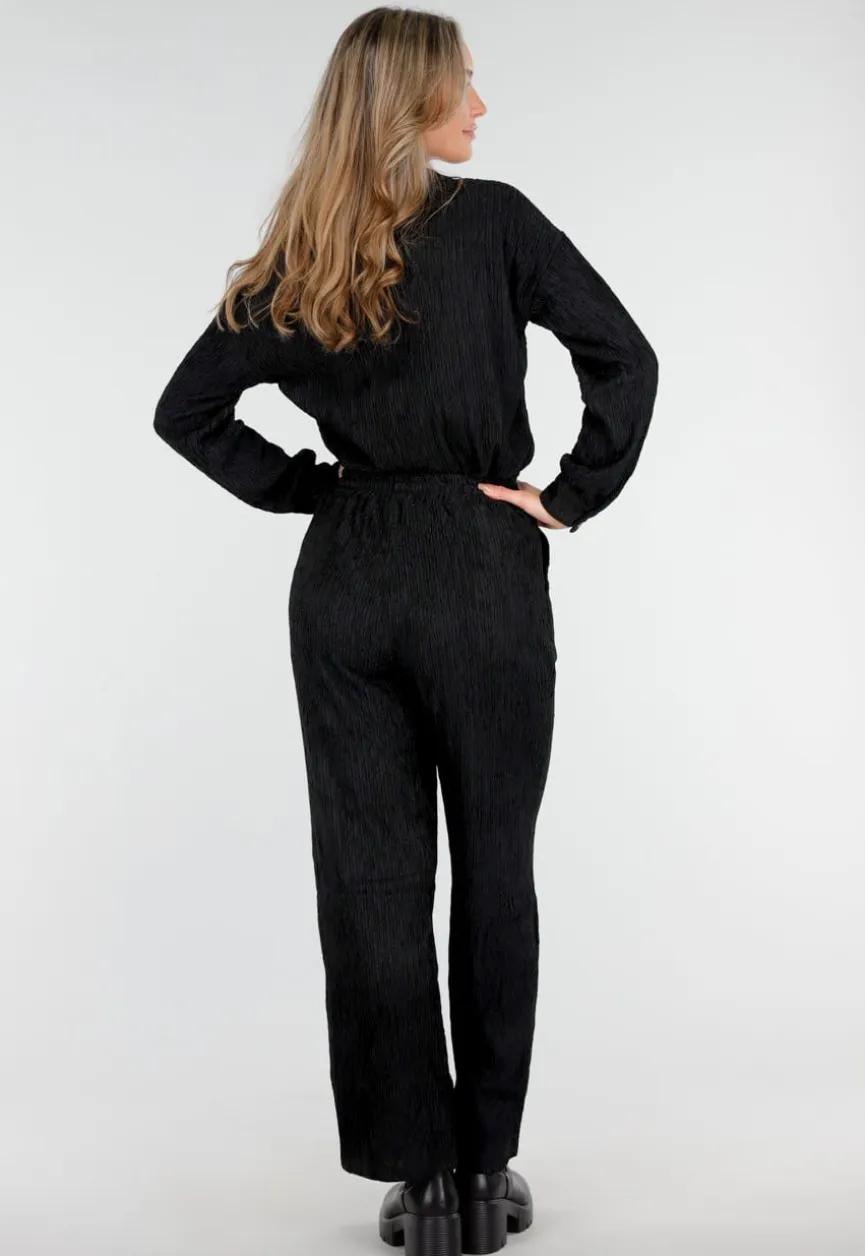 Zwarte Stretch Two Piece Set met Losvallende Blouse en Rechte Broek