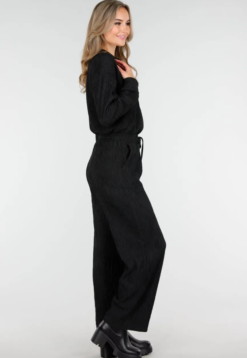 Zwarte Stretch Two Piece Set met Losvallende Blouse en Rechte Broek