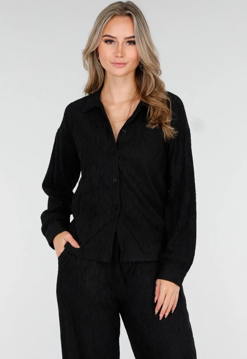 Zwarte Stretch Two Piece Set met Losvallende Blouse en Rechte Broek