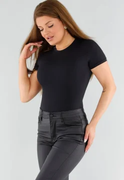 Zwarte String Body met Korte Mouwen en Ronde Hals