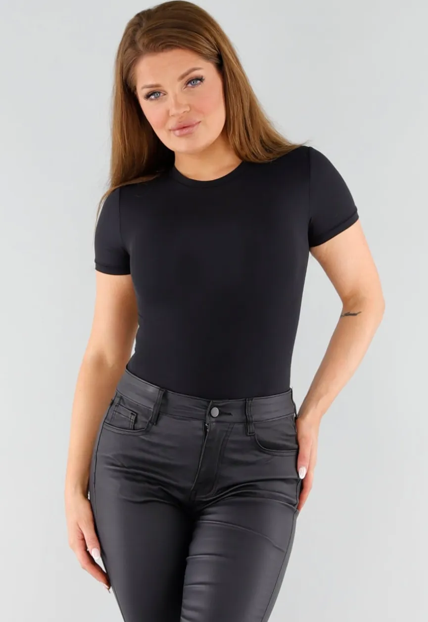 Zwarte String Body met Korte Mouwen en Ronde Hals