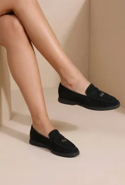 Zwarte Suède Instappers met Goudkleurig Detail en Lage Hak