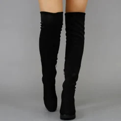 Zwarte Suède-Look Overknee Laarzen met Blokhak