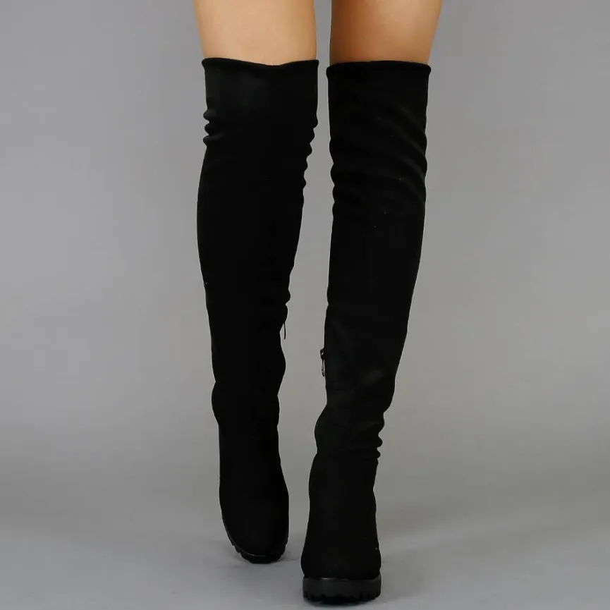 Zwarte Suède-Look Overknee Laarzen met Blokhak