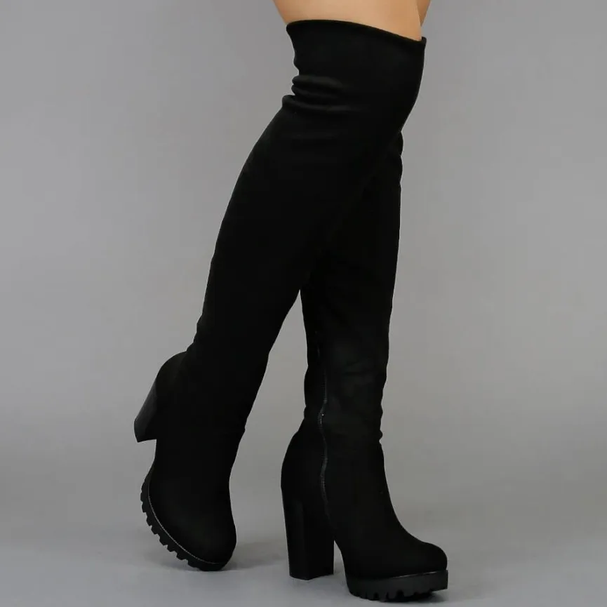 Zwarte Suède-Look Overknee Laarzen met Blokhak