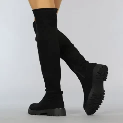 Zwarte Suède-Look Overknee Laarzen met Grove Zool