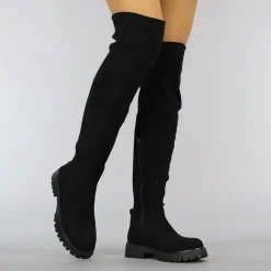 Zwarte Suède-Look Overknee Laarzen met Grove Zool