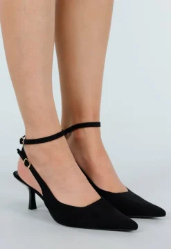 Zwarte Suède-Look Pumps met Enkelsluiting en Lage Hak