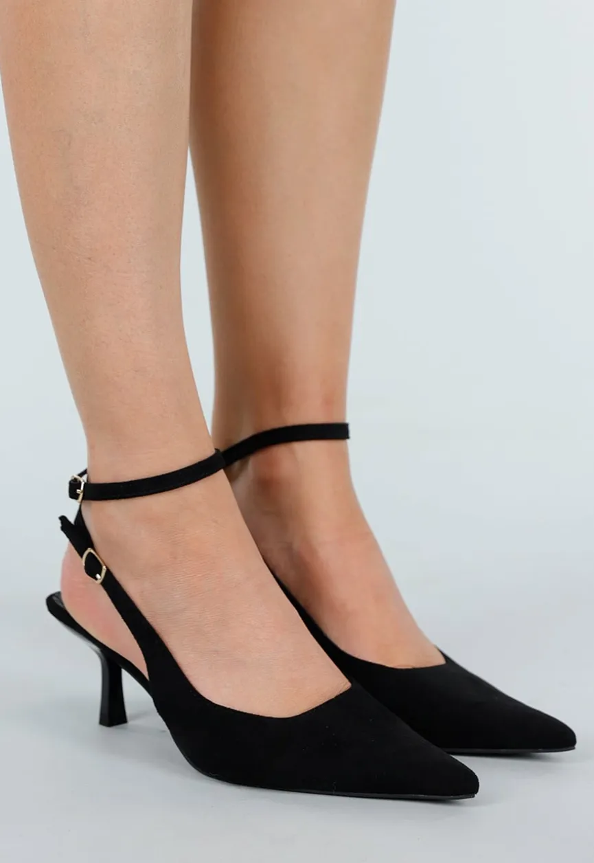 Zwarte Suède-Look Pumps met Enkelsluiting en Lage Hak