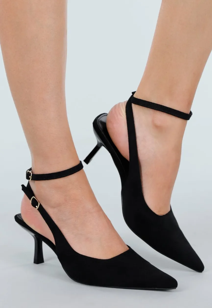 Zwarte Suède-Look Pumps met Enkelsluiting en Lage Hak