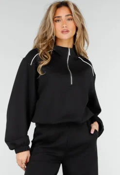 Zwarte Sweater met Halve Rits en Elastische Boorden