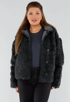 Zwarte Teddy Bontjas met Knoopsluiting