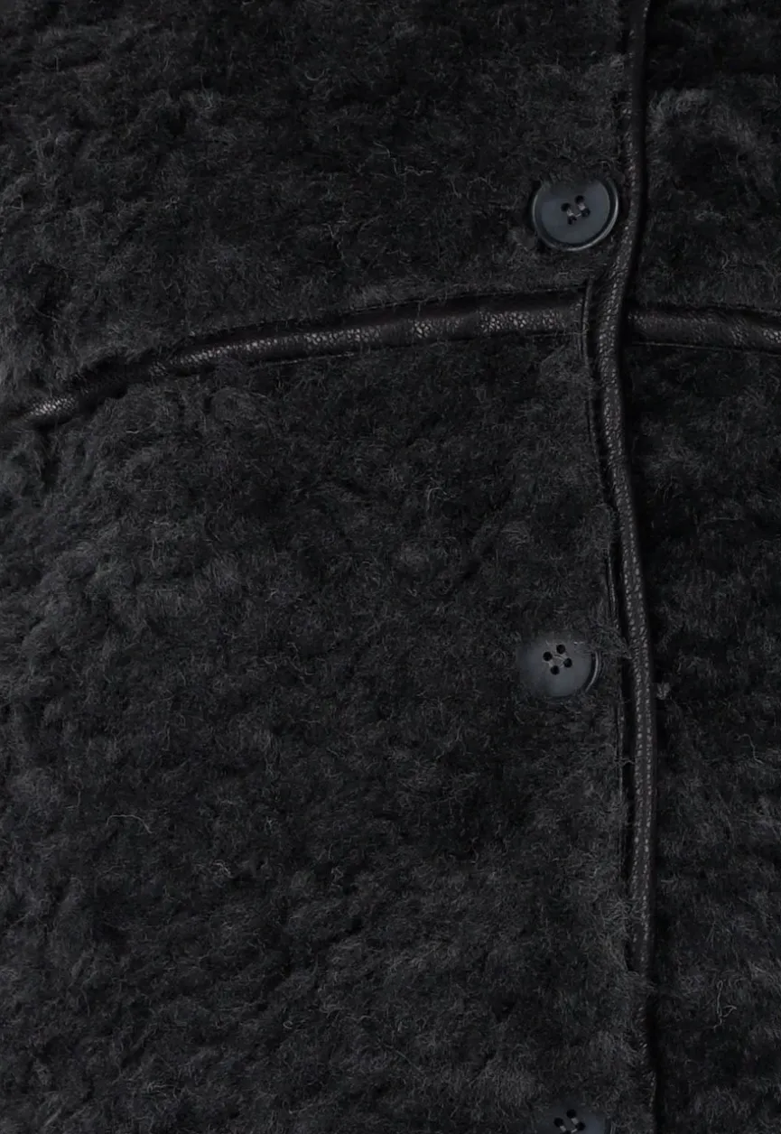 Zwarte Teddy Bontjas met Knoopsluiting