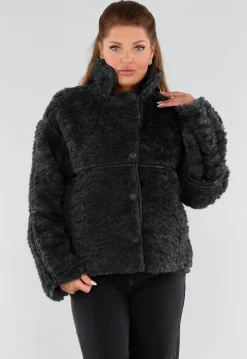 Zwarte Teddy Bontjas met Knoopsluiting