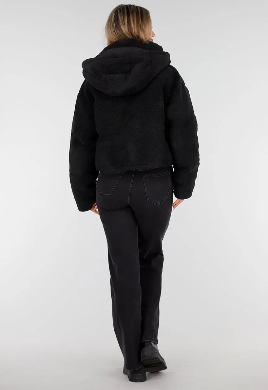 Zwarte Teddy Jas met Capuchon en Ritsluiting