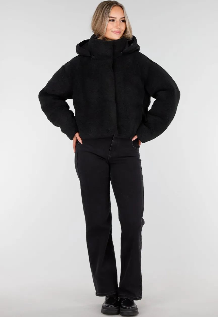 Zwarte Teddy Jas met Capuchon en Ritsluiting