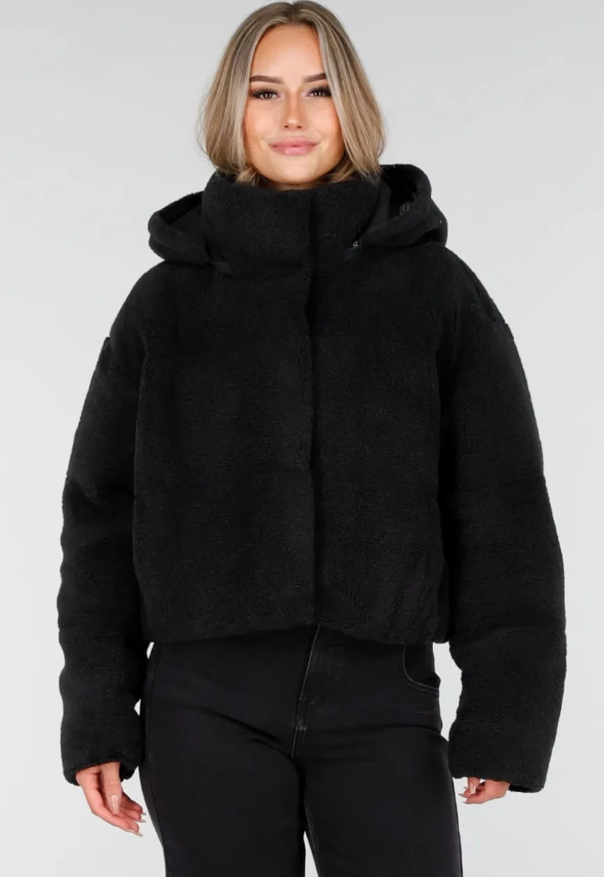 Zwarte Teddy Jas met Capuchon en Ritsluiting