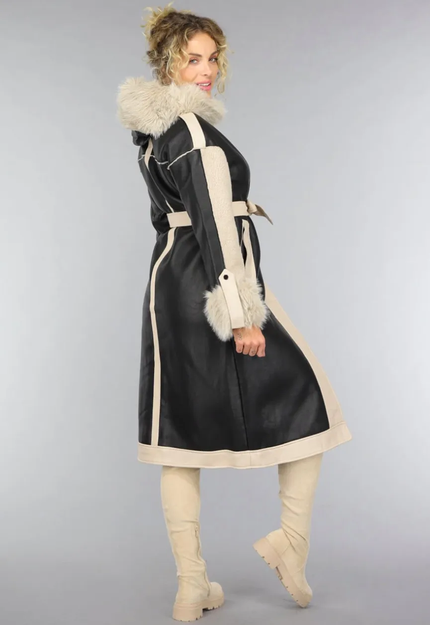Zwarte Teddy Trenchcoat met Bontkraag