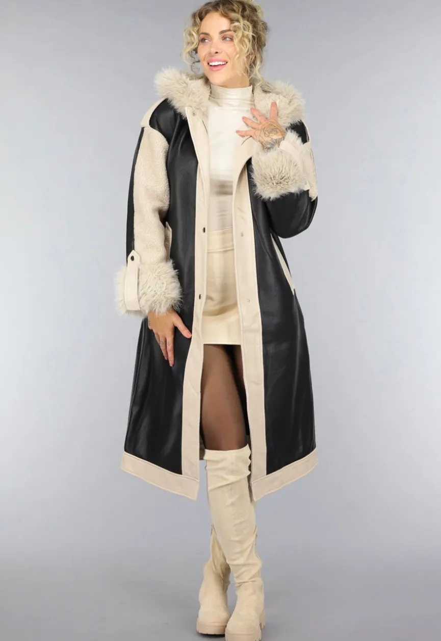 Zwarte Teddy Trenchcoat met Bontkraag