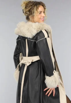 Zwarte Teddy Trenchcoat met Bontkraag