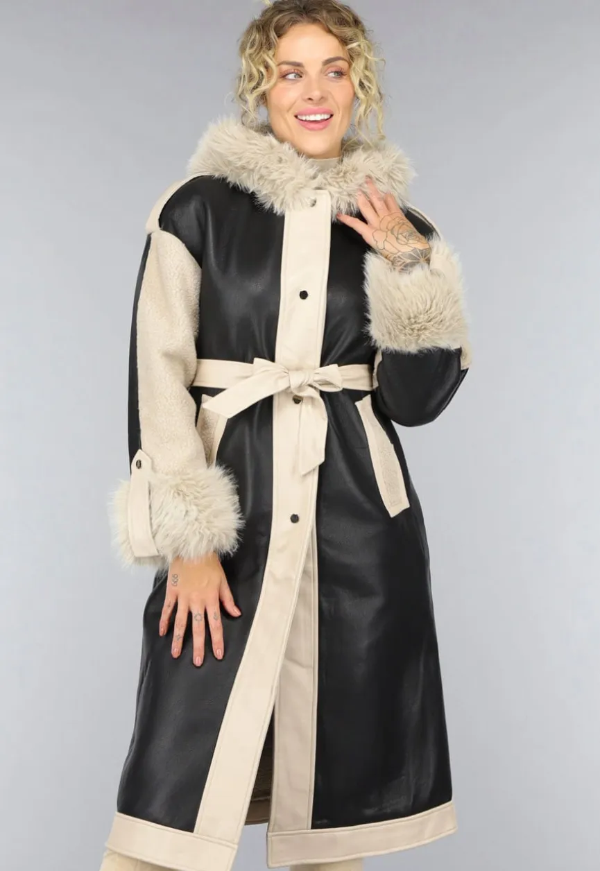 Zwarte Teddy Trenchcoat met Bontkraag