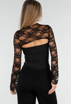 Zwarte Top met Kant, Stretch en Cut-Out Detail