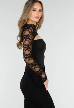 Zwarte Top met Kant, Stretch en Cut-Out Detail