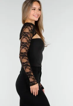 Zwarte Top met Kant, Stretch en Cut-Out Detail