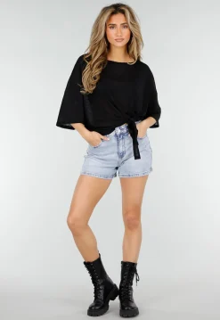 Zwarte Top met Knoopdetail en Korte Mouwen