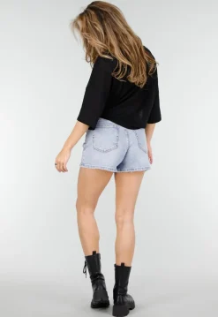 Zwarte Top met Knoopdetail en Korte Mouwen