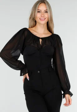 Zwarte Top met Mesh Mouwen en Korsetvormig Lijfje