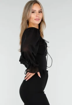 Zwarte Top met Mesh Mouwen en Korsetvormig Lijfje
