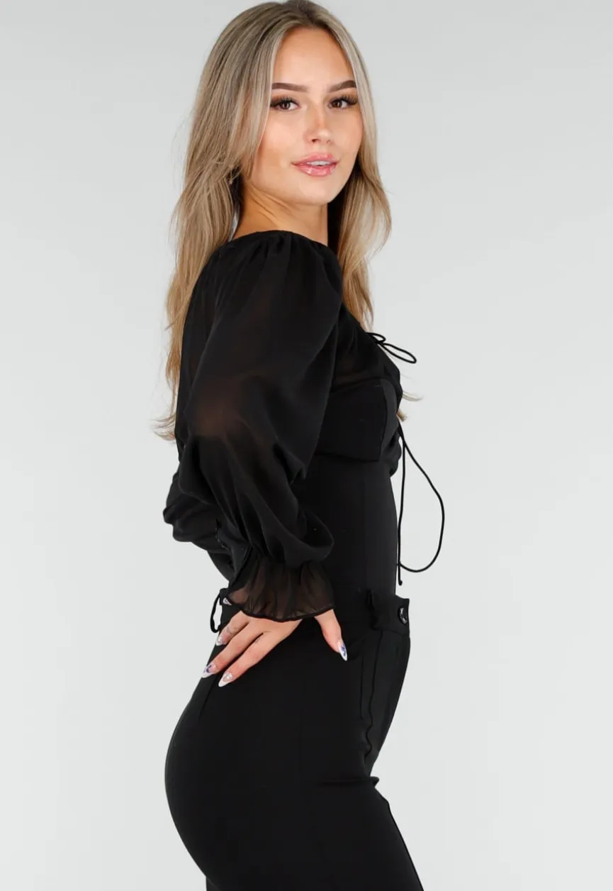 Zwarte Top met Mesh Mouwen en Korsetvormig Lijfje