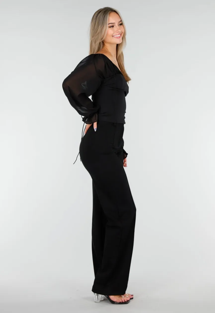 Zwarte Top met Mesh Mouwen en Korsetvormig Lijfje