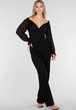 Zwarte Top met Mesh Mouwen en Korsetvormig Lijfje
