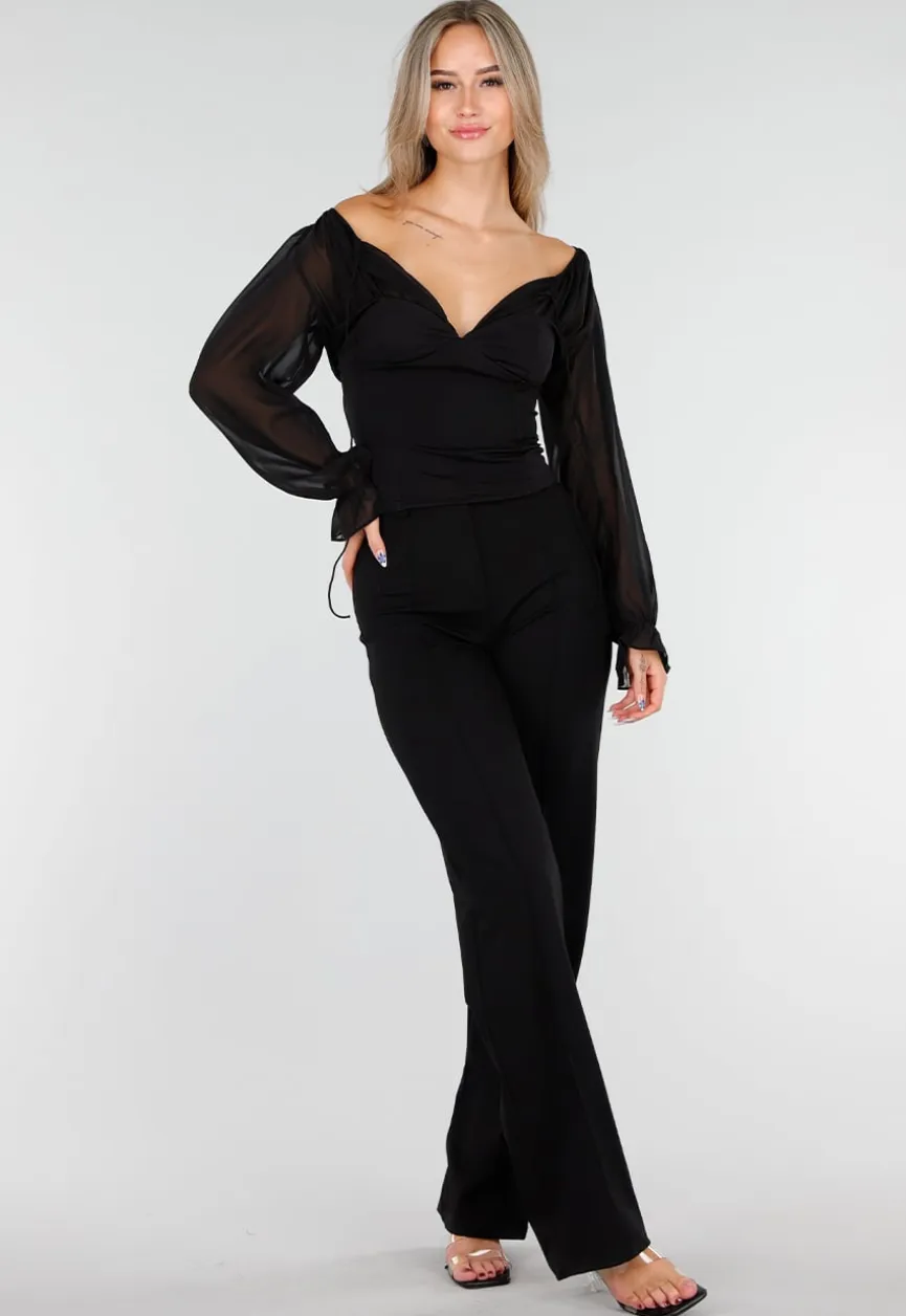 Zwarte Top met Mesh Mouwen en Korsetvormig Lijfje