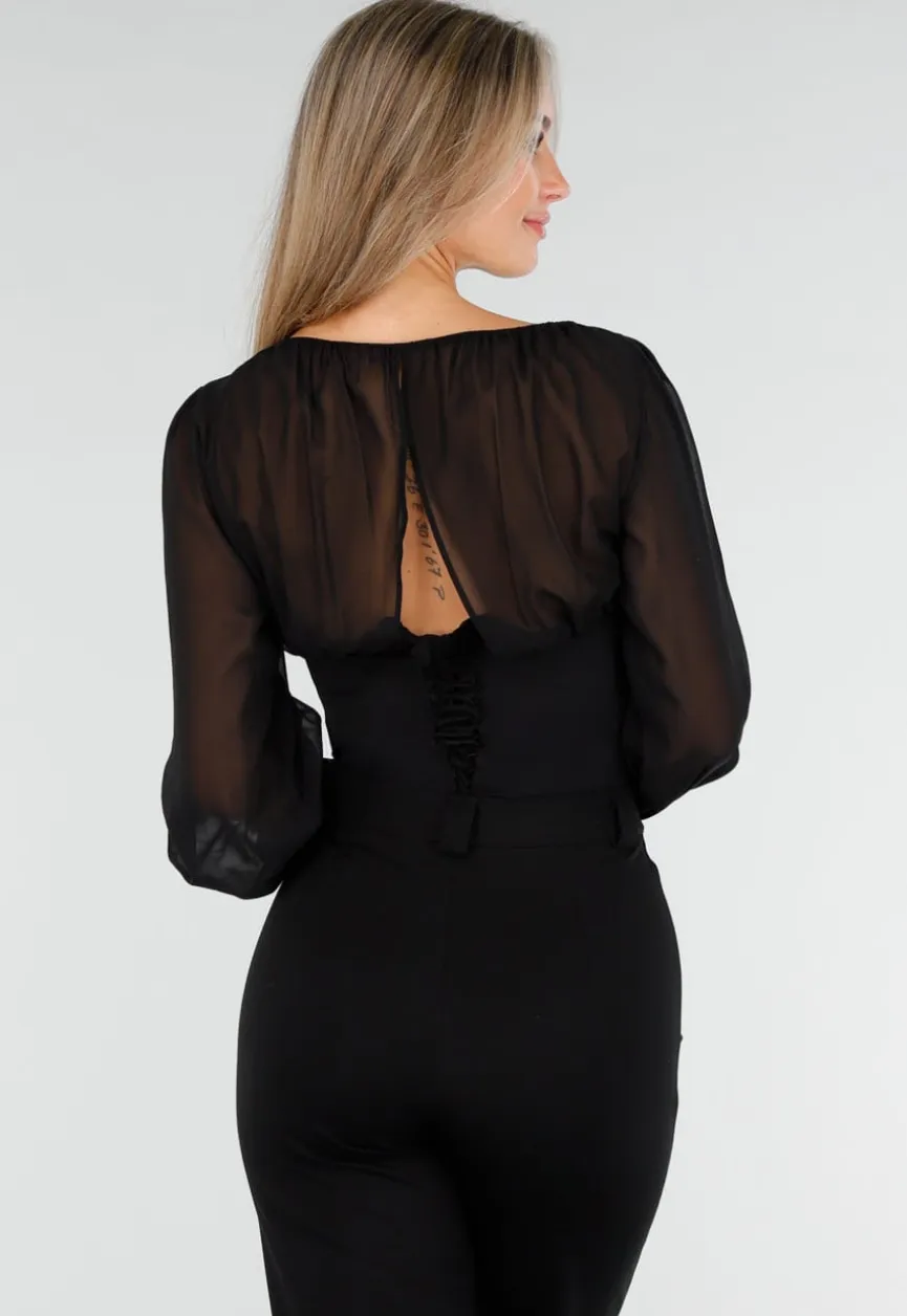 Zwarte Top met Mesh Mouwen en Korsetvormig Lijfje