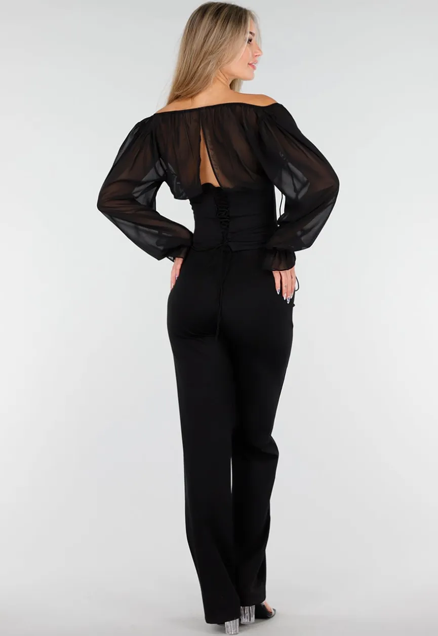Zwarte Top met Mesh Mouwen en Korsetvormig Lijfje
