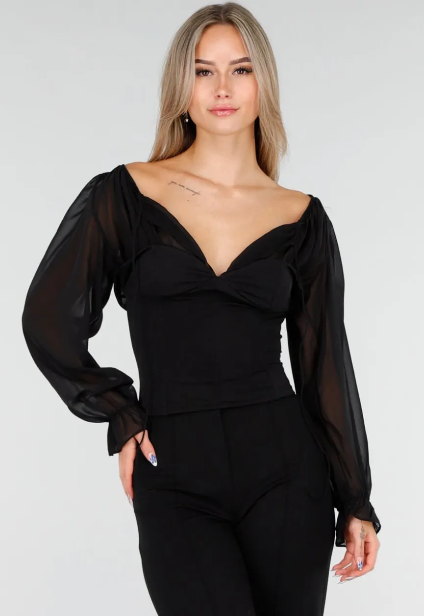 Zwarte Top met Mesh Mouwen en Korsetvormig Lijfje