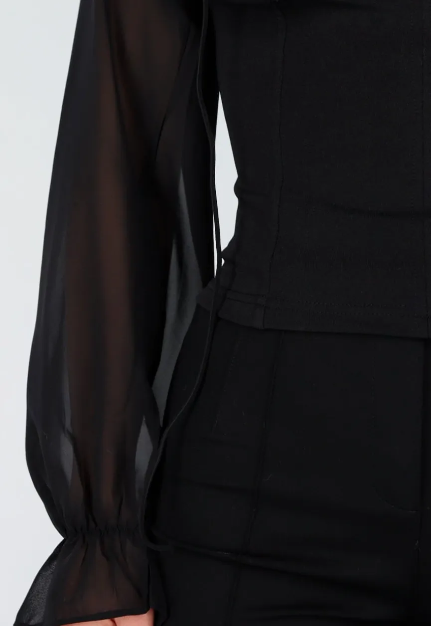 Zwarte Top met Mesh Mouwen en Korsetvormig Lijfje