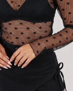 Zwarte Transparante Mesh Top met Lange Mouwen en Stippen